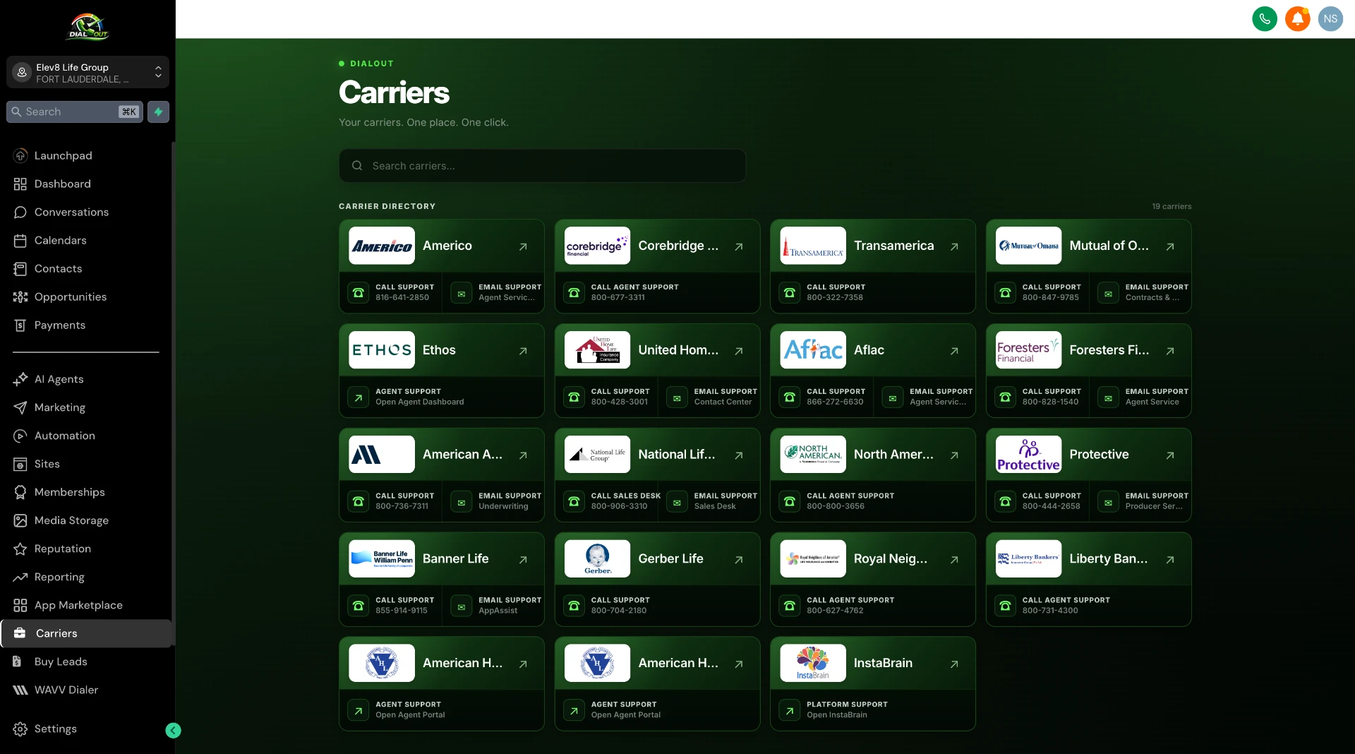 DialOut carrier portal directory with Americo, Transamerica, Mutual of Omaha, Aflac and other life insurance carriers