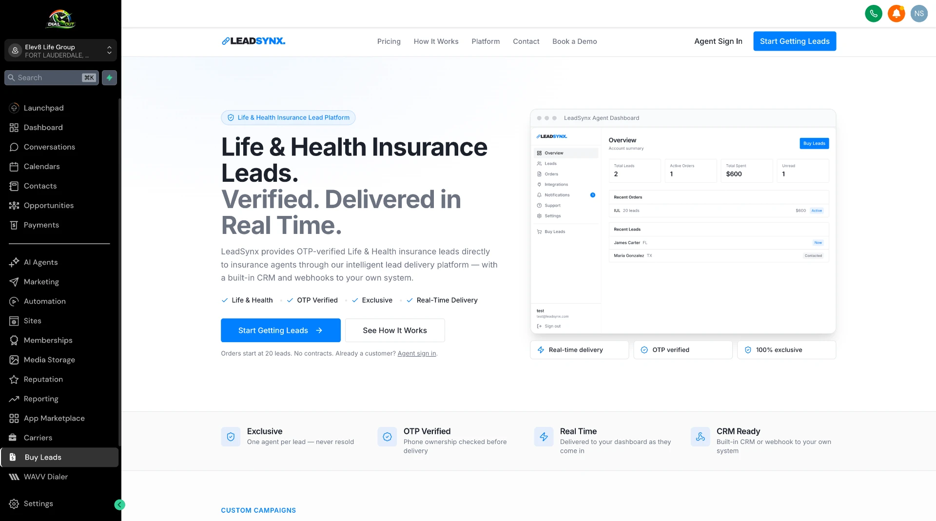 Buying verified life and health insurance leads directly inside the DialOut CRM